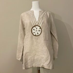 BARBARA GERWIT *CUSTOM* Linen Embroidered Sand Dollar Shirt Brown White Tan